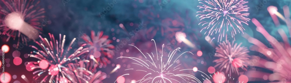 Poster colorful fireworks exploding in the night sky, celebrating an event with stunning visual display and