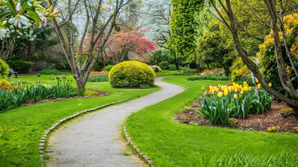 A lush green botanical garden with blooming spring flowers and a lawn path