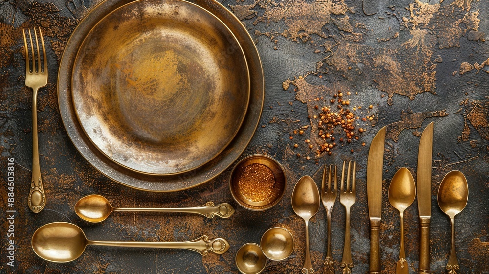 Wall mural a table with gold-colored utensils and a plate with several spoons