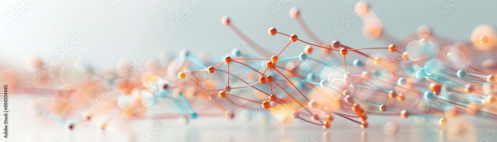Poster abstract composition of interconnected nodes with pastel colors representing a network or neural net