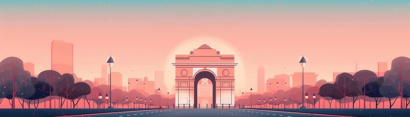 Obraz premium Beautiful illustration of a cityscape at sunrise with a grand arch monument in the center, surrounded by trees and lampposts.