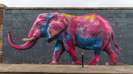   A massive elephant adorns a building's facade beside a brick wall, covered in paint splatters