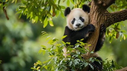 Obraz premium Giant panda climbing a tree