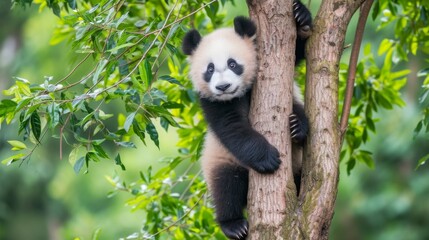 Giant panda climbing a tree
