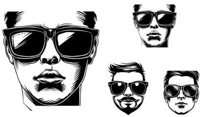 Gentleman icon set. Man wear glasses with hat and mustache icon in black design.man and woman