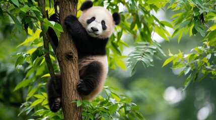 Giant panda climbing a tree
