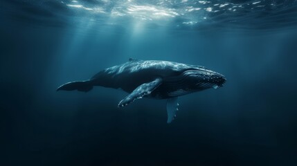 Fototapeta premium An awe-inspiring underwater photograph of a whale swimming gracefully in the deep ocean
