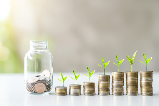 Plant money coins saving growth up to profit interest for concept investment mutual fund finance and business
