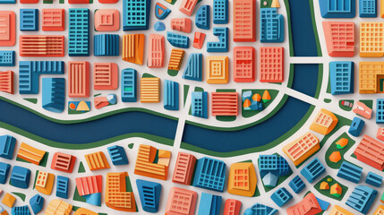 Colorful 3D city map with buildings and a river, illustrating modern urban planning and architecture.