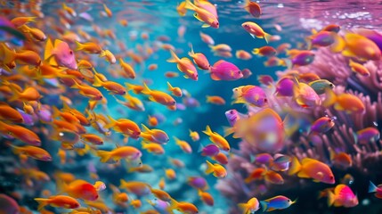 School of anthias fish swimming near a coral reef