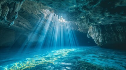 Sunlight beams penetrating the water surface