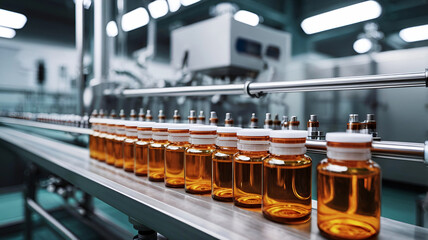 Close-up of medical vials moving on a production line at a modern pharmaceutical factory