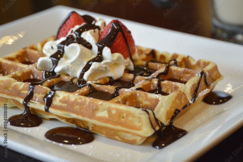 Sticker Fresh waffle served with whipped cream, strawberries, and drizzled chocolate on a white plate