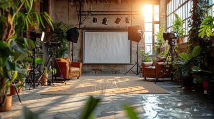 A professional photo studio with lighting equipment, cameras and tripods set up in an empty room, World Photography Day concept