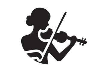 A black silhouette of a musician woman playing a string violin with a bow during a classical music concert