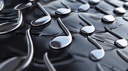 A sleek, modern background featuring metallic silver music notes on a glossy, black surface, giving a sense of contemporary elegance and sophistication.