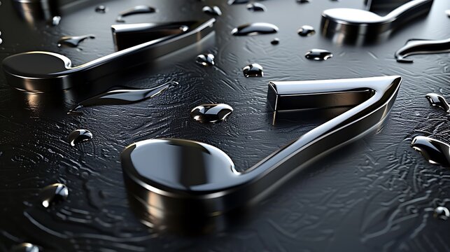 A sleek, modern background featuring metallic silver music notes on a glossy, black surface, giving a sense of contemporary elegance and sophistication.