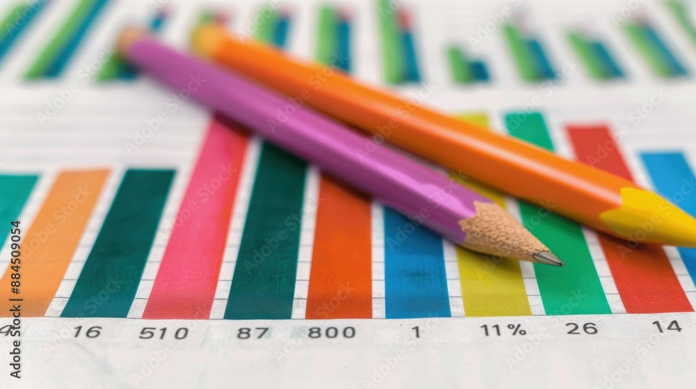 Poster close-up of colorful pencils resting on a financial chart with bars and graphs, representing data an