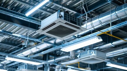 Fototapeta premium Detailed illustration of ceilingmounted cassettetype air conditioning units with associated parts of the ventilation system including tubes cables and vents all located inside a hall