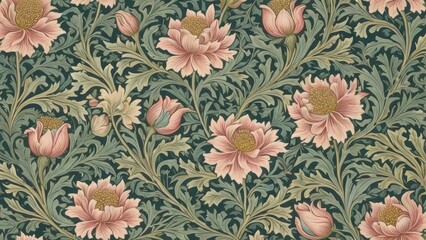 Intricate patterns of leaves and flowers , blue, orange, green colors on dark background, vintage floral background, retro, ornament, wallpaper, seamless wallpaper