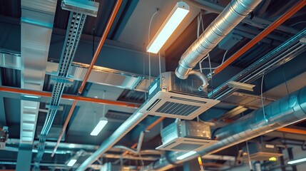 Detailed illustration of ceilingmounted cassettetype air conditioning units with associated parts of the ventilation system including tubes cables and vents all located inside a hall