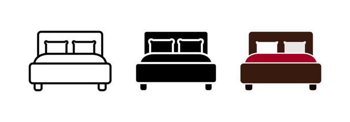 Bed icon. Double bed vector illustration. Pillow with blanket and mattress concept. Bedroom interior sign. Relax, sleep, rest symbol.