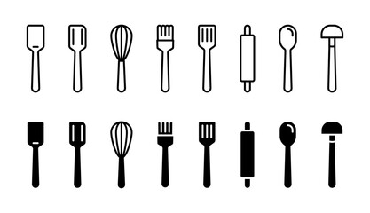 Cooking utensil icon set. Kitchen equipment collection vector illustration. Kitchenware line symbols. Cooking tools collection. Spoon, spatula, ladle, mixer, rolling pin and brush pictograms.
