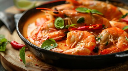 The national cuisine of Japan. Shrimp with red pepper in coconut milk sauce with curry (Panang Kung).