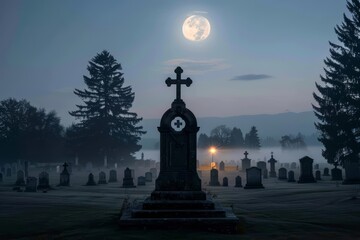 Fototapeta premium A spooky cemetery with fog rolling in and a full moon shining above