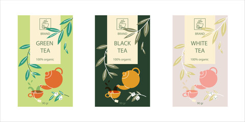 Vector set of design elements for tea packaging - white, black and green tea. Branding, packaging. Tea packaging sticker. Box design concept.