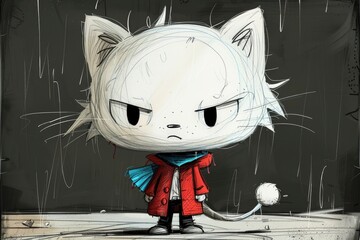  Simple sketch of an anthropomorphic lion character with thick black lines, wearing a king's crown and robe, depicted 