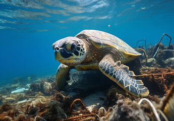 Large sea turtle on trash on the ocean floor, environmental pollution problem.