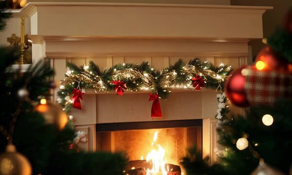 Festive Christmas fireplace with glowing lights and garland