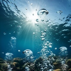 深海から見上げる、泡が水面に向かって昇る様子と遥か上の光