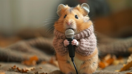 A cute hamster wearing a sweater holding a microphone