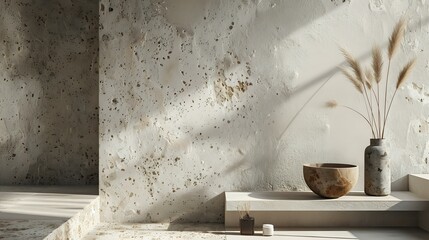 Earthy tones with textured surfaces and irregular shapes, rustic style, matte finish, natural light casting soft shadows and highlights