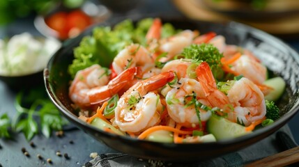 The national cuisine of Japan. Shrimp with vegetables and fragrant sauce.