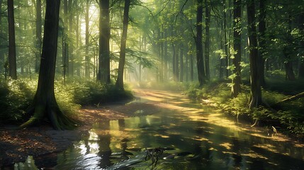 Fototapeta premium A tranquil forest stream meandering through a dense woodland, with sunlight filtering through the trees and casting dappled shadows on the water.