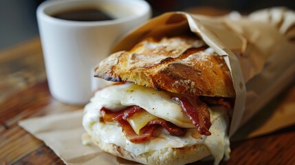 Close up photo of a mozzarella and bacon sandwich in a paper bag with a cup of coffee