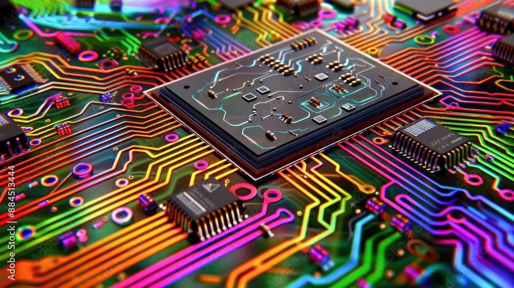 Poster vibrant close-up of a colorful computer motherboard with intricate circuitry and glowing electronic 
