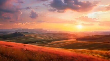 Obraz premium Sunset panorama of rolling hills under a golden sky, with fluffy clouds tinged in pink and orange, creating a breathtaking landscape view