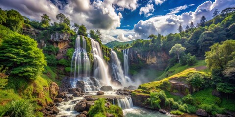 Obraz premium A Cascading Waterfall Amidst Lush Greenery, Captured with a Wide-Angle Lens, Highlighting the Dramatic Perspective and Majestic Beauty, Waterfall, Nature, Landscape, Photography