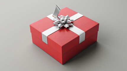 Fototapeta premium Red gift box with silver ribbon on neutral background