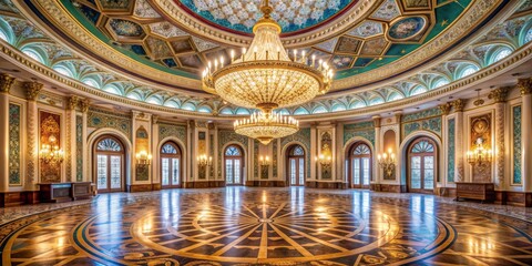 Obraz premium A Grand Ballroom with a Chandelier and Ornate Ceiling, Palace Interior Design, Architectural Detail, Golden Accents, Luxury Interior, palace, ballroom