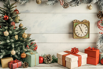 Christmas tree decorations and a clock on the wall post card background 