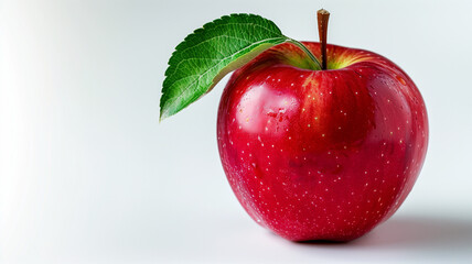 A Single Red Apple with a Green Leaf Isolated on a White Background