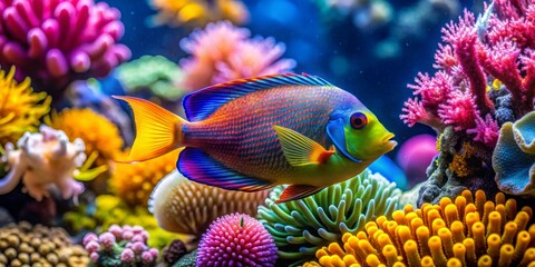 A Vibrant Reef Fish with Coral in a Tropical Aquarium, Photography, Colorful Fish, Coral Reef , Underwater , Aquarium , Tropical Fish