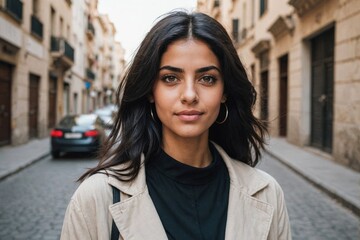 Fototapeta premium Young arabic woman with black hair wearing in street