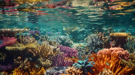 A vibrant coral reef teeming with marine life, colorful corals, and fish swimming in the crystal-clear waters of the ocean.