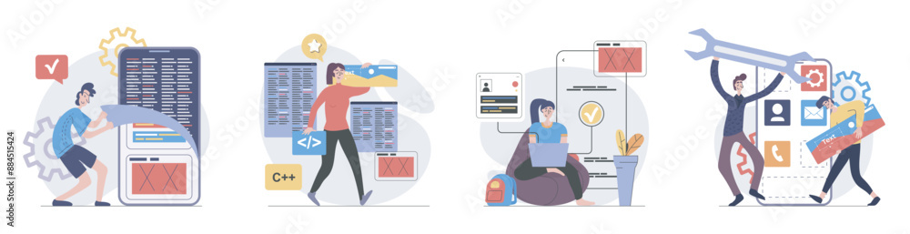 Aufkleber App development concept with people scenes set in flat web design. Collection of character situation with programming mobile software, testing and fixing interface product. Vector illustrations.